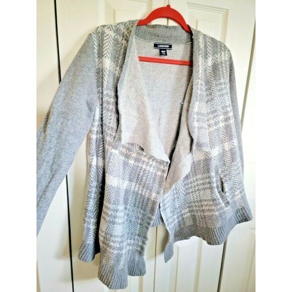 Lands‎ End Cardigan Wrap Wool Cashmere Blend Plaid PM 10-12 Petite Medium Gray - Picture 1 of 7